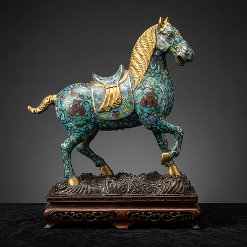 Cloisonné horse standing on a carved hardwood plinth, gilt mane and hooves